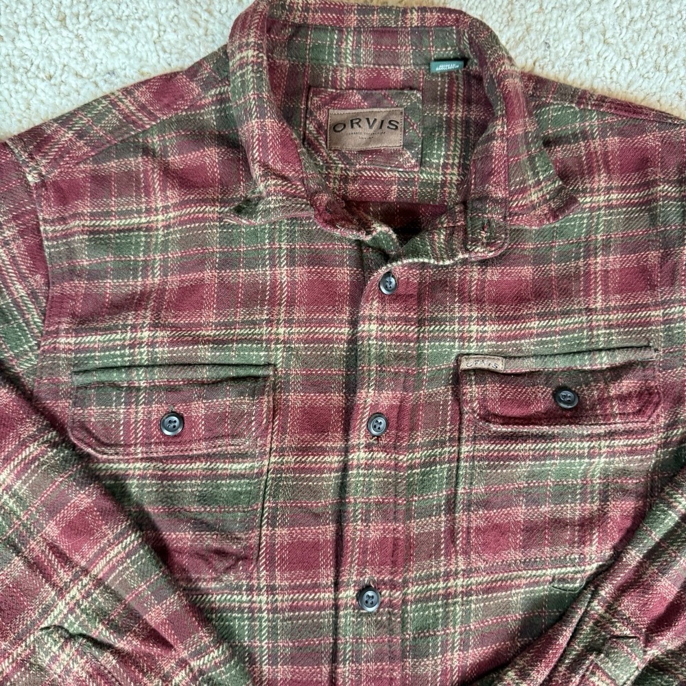 Orvis Red Green Plaid Button Up Flannel Shirt W/ Pockets Men's Large - Picture 1 of 9